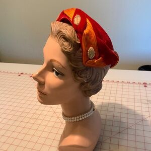 Vintage 1950s Red Velvet with Orange satin trim and Pearl decoration